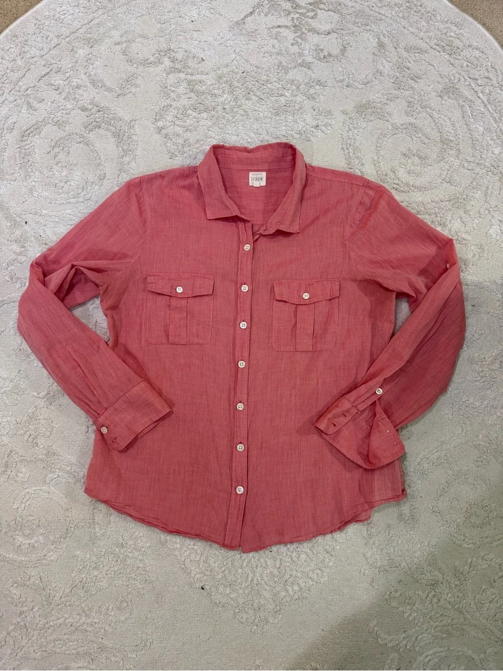 J.Crew XL Pink Cotton Button Front Utility Shirt Roll Tab Sleeve‎ Casual Top